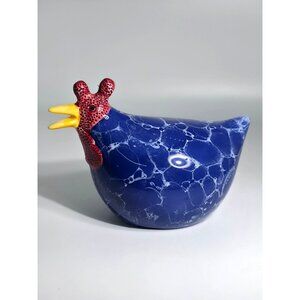 Blue Ceramic Chicken Figurine Red Comb Yellow Beak Marbled Design Handcrafted
